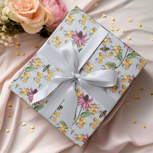 Elegant Blue Floral Queen Bee, Honeycomb & Flowers Wrapping Paper