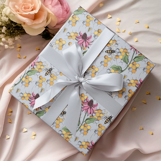 Elegant Blue Floral Queen Bee, Honeycomb & Flowers Wrapping Paper (Elegant Hand-Drawn Buzzing Queen Bee, Honeycomb & Pink Exotic Flower Gift Wrap for Nature Lovers.)