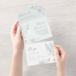 Elegant Blue Floral Quinceanera 15 Years All In One Invitation