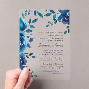 Elegant Blue Floral Quinceañera Acrylic Invitations