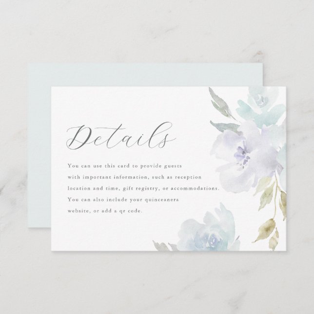 Elegant Blue Floral Quinceanera Guest Details RSVP Card (Front/Back)