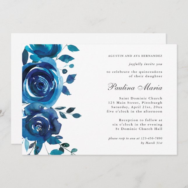 Elegant Blue Floral Quinceañera Invitation (Front/Back)