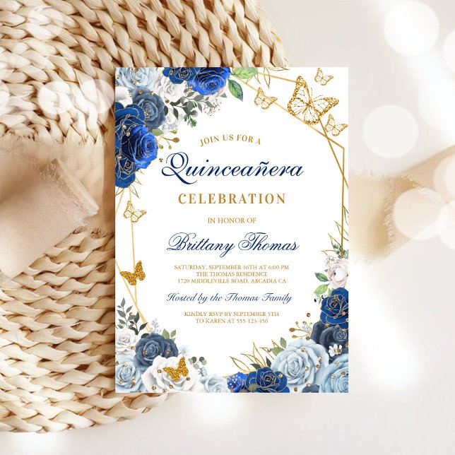 Elegant Blue Floral Quinceañera Invitation (Creator Uploaded)