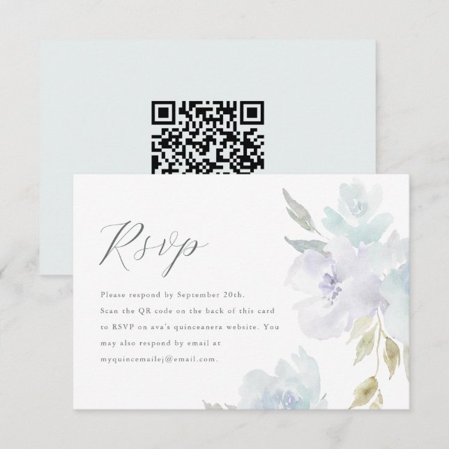 Elegant Blue Floral Quinceanera QR Code RSVP Card (Front/Back)