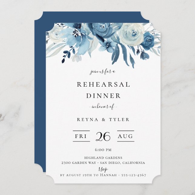 Elegant Blue Floral Rehearsal Dinner Invitation (Front/Back)