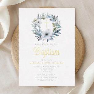 Elegant Blue Floral Religious Boy Baptism 