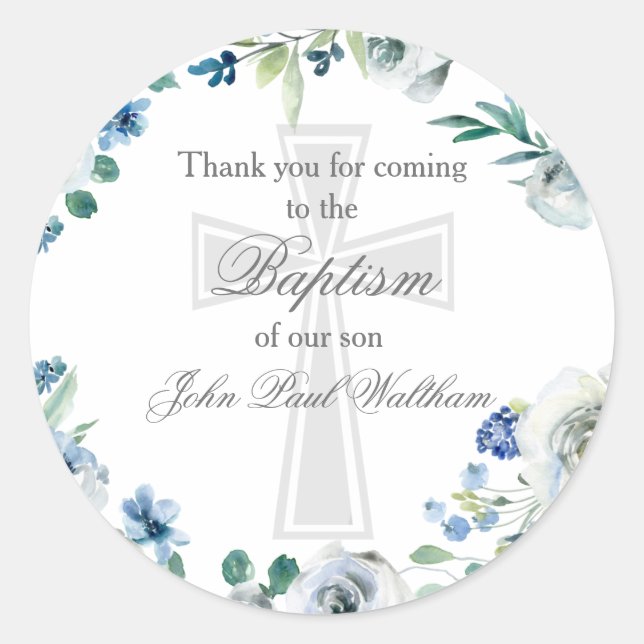 Elegant Blue Floral Religious Cross Baptism Classic Round Sticker (Front)