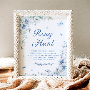 Elegant Blue Floral Ring Hunt Bridal Shower Game Poster