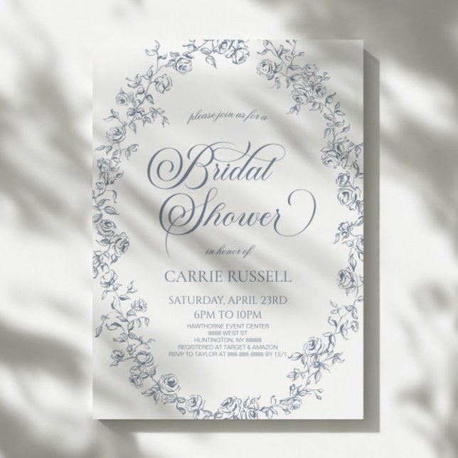 Elegant Blue Floral Roses Line Art Bridal Shower Invitation (Creator Uploaded)