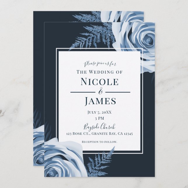 Elegant Blue Floral Roses Shabby Chic Wedding Invitation (Front/Back)