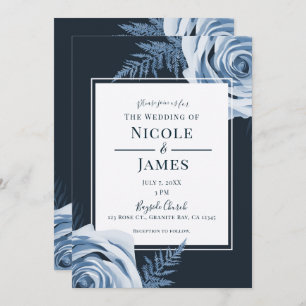 Elegant Blue Floral Roses Shabby Chic Wedding Invitation