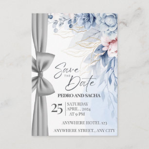 Elegant Blue Floral Save The Date Card with Silver