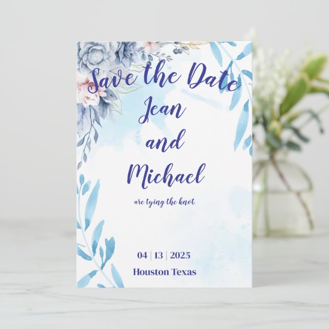 Elegant Blue Floral Save the Date Invitation (Standing Front)