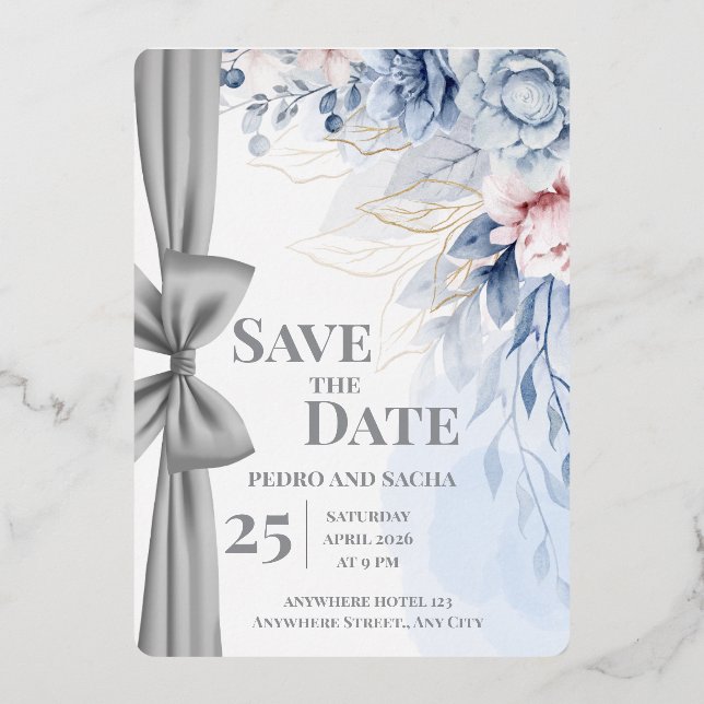 Elegant Blue Floral Save The Date Wedding Invitati (Front)