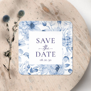 Elegant Blue Floral "Save the Date" Wedding Square Sticker