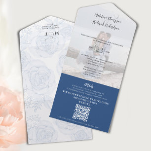 Elegant Blue Floral Seal and Sent Wedding All In One Invitation