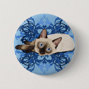 Elegant Blue Floral Siamese Cat Pretty Feline 6 Cm Round Badge
