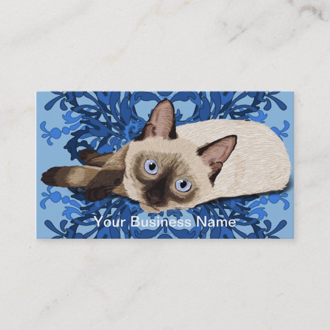 Elegant Blue Floral Siamese Cat Pretty Feline Business Card (Front)