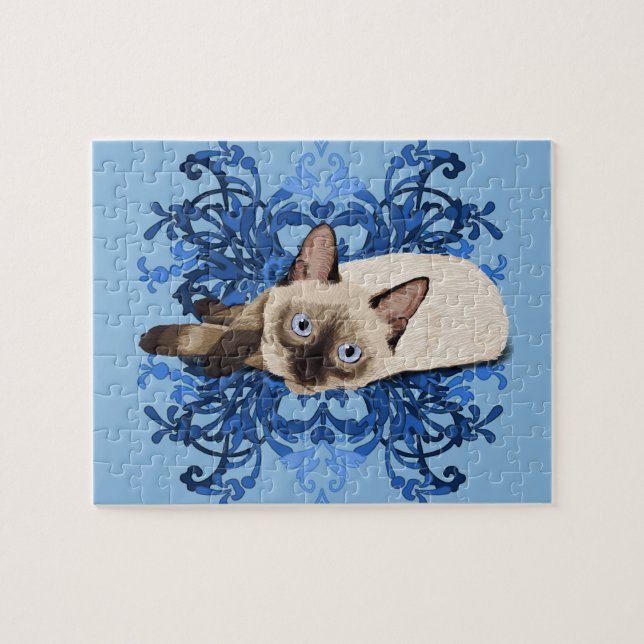 Elegant Blue Floral Siamese Cat Pretty Feline Jigsaw Puzzle (Horizontal)