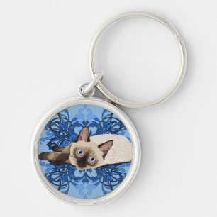 Elegant Blue Floral Siamese Cat Pretty Feline Key Ring