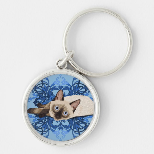 Elegant Blue Floral Siamese Cat Pretty Feline Key Ring (Front)