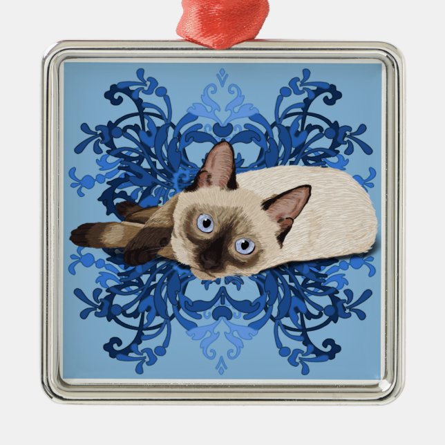 Elegant Blue Floral Siamese Cat Pretty Feline Metal Ornament (Front)