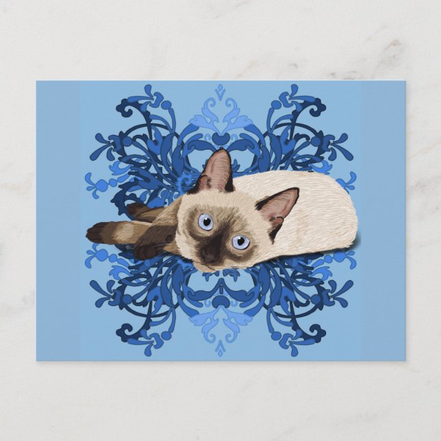 Elegant Blue Floral Siamese Cat Pretty Feline Postcard (Front)