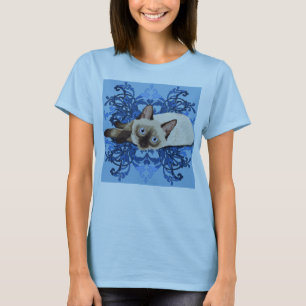 Elegant Blue Floral Siamese Cat Pretty Feline T-Shirt