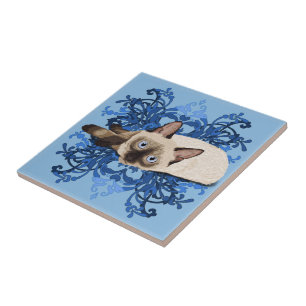 Elegant Blue Floral Siamese Cat Pretty Feline Tile