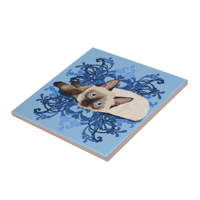 Elegant Blue Floral Siamese Cat Pretty Feline Tile (Side)