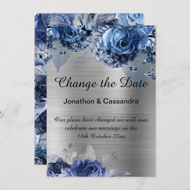 ELEGANT BLUE FLORAL SILVER  BORDER CHANGE THE DATE (Front/Back)