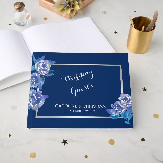 Elegant Blue Floral Silver Wedding Guest Book (Front Open)