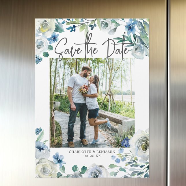 Elegant Blue Floral Spring Photo Save the Date Magnetic Invitation (Creator Uploaded)