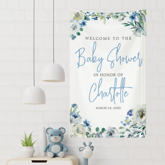 Elegant Blue Floral Spring Welcome Baby Shower Banner (Creator Uploaded)