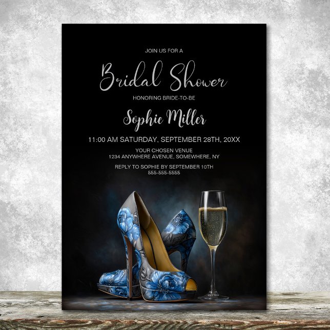 Elegant Blue Floral Stiletto Shoes Bridal Shower Invitation (Creator Uploaded)
