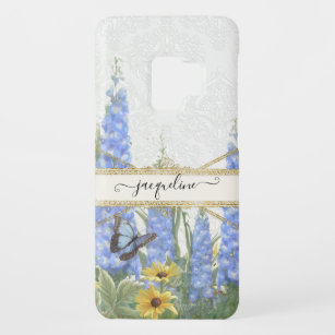 Elegant Blue Floral Sunflower Butterfly with Name Case-Mate Samsung Galaxy S9 Case