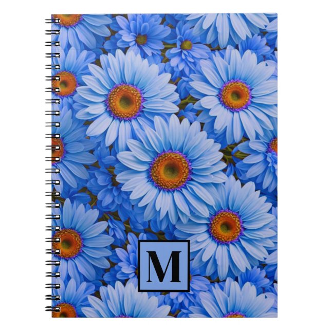 Elegant blue floral sunflowers daisies pattern  notebook (Front)