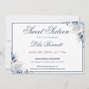 Elegant Blue Floral Sweet 16 Invitation