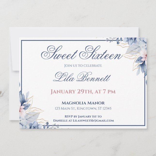 Elegant Blue Floral Sweet 16 Invitation (Front)