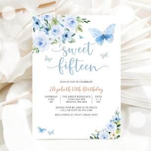 Elegant Blue Floral Sweet Fifteen Invitation