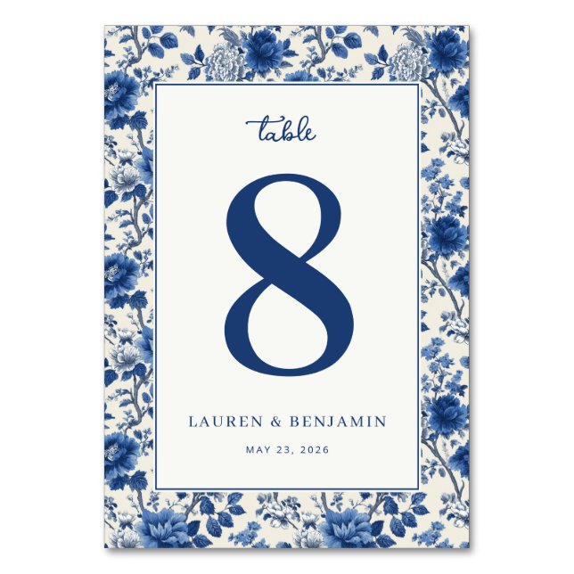 Elegant Blue Floral Table Number (Front)