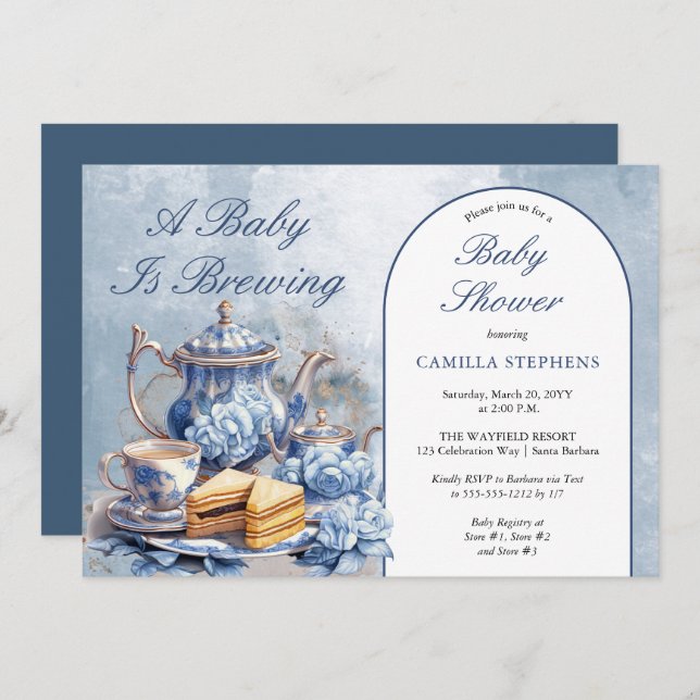 Elegant Blue Floral Tea Set Baby Shower Tea  Invitation (Front/Back)