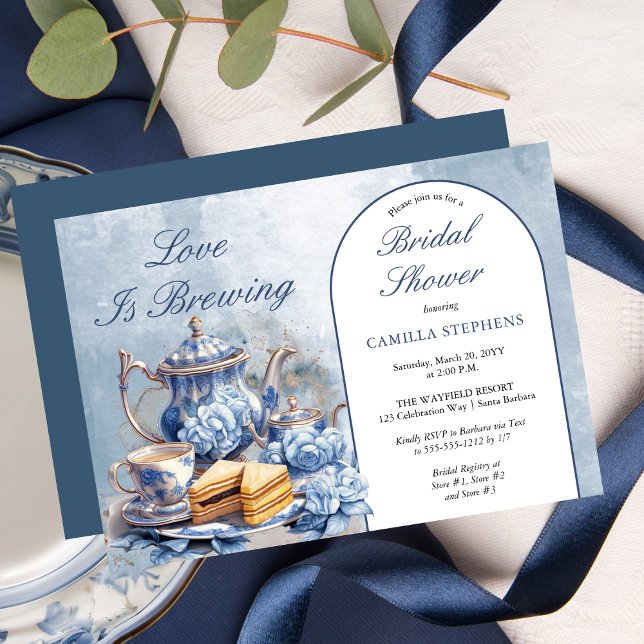 Elegant Blue Floral Tea Set Bridal Shower Tea  Invitation (Elegant Blue Floral Teacup Bridal Shower Tea Landscape Invitation)