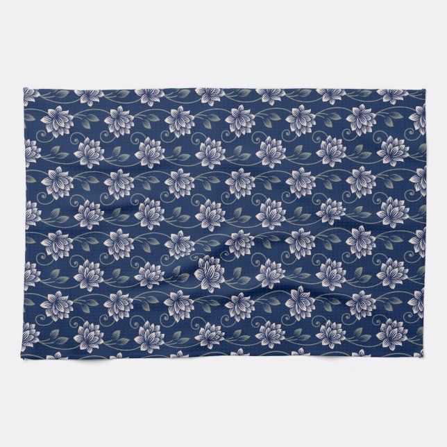 Elegant Blue Floral Tea Towel (Horizontal)