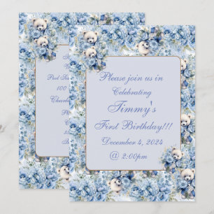 Elegant Blue Floral Teddy Bear Birthday Invitation