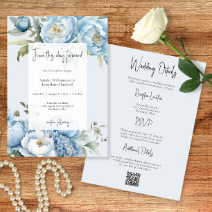 Elegant Blue Floral Two Sided Wedding Invitation