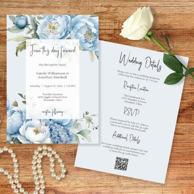 Elegant Blue Floral Two Sided Wedding Invitation (Creator Uploaded)