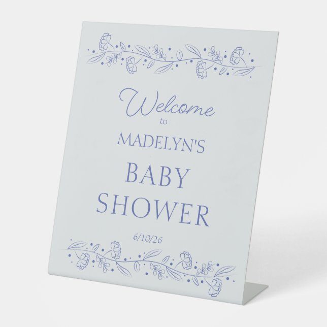 Elegant Blue Floral Vines Baby Shower Welcome Sign (Front)