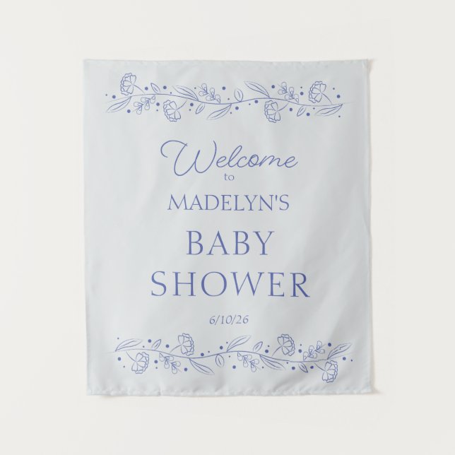 Elegant Blue Floral Vines Baby Shower Welcome Sign Tapestry (Front)