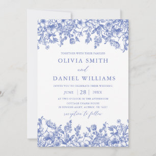 Elegant Blue Floral Vintage Botanical Wedding Invitation